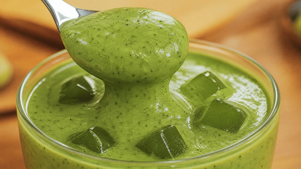 Cold-set green tea matcha gelatin served in a glass with cubes and a spoon